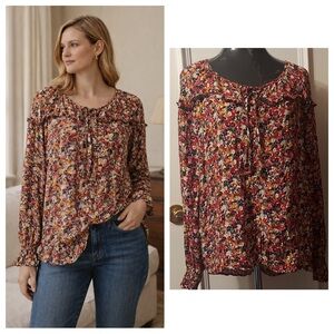 Red Floral Blouse Size L Vintage Feminine Tie Neck Boho Casual Top